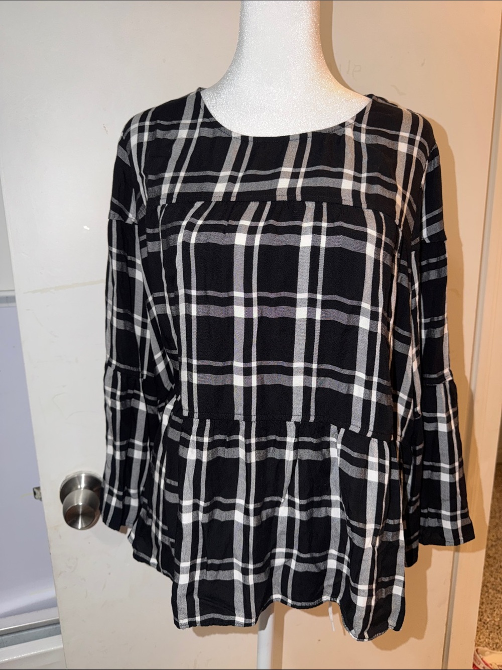 Black & White Plaid Peplum Blouse - Women